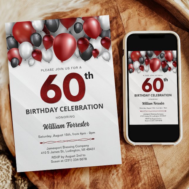 Black Red Silver & White 60th Birthday Invitation (Black Red Silver & White 60th Birthday Invitation)