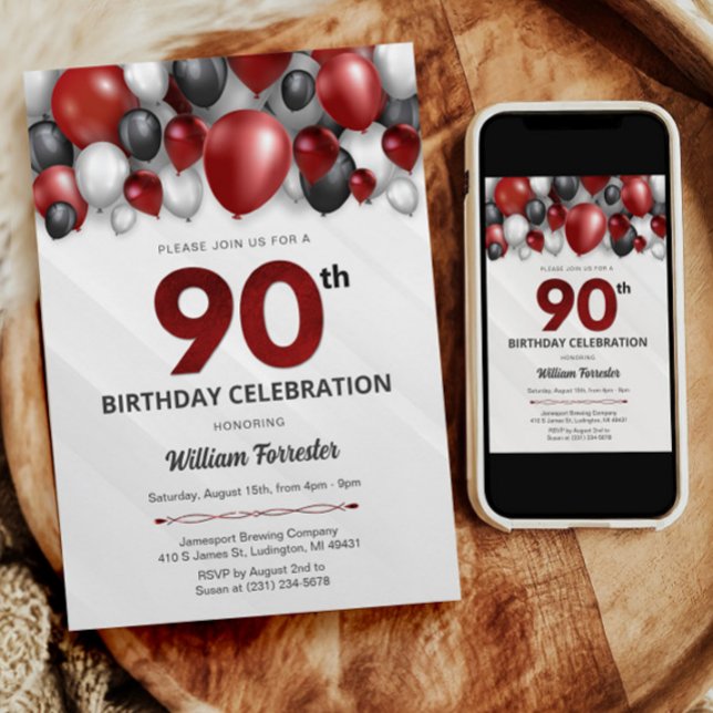 Black Red Silver & White 90th Birthday Invitation (Black Red Silver & White 90th Birthday Invitation)