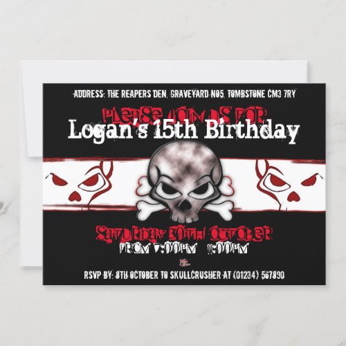 Black  Red Skull Birthday Party Invitations