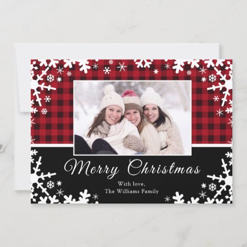 Black red snowflakes buffalo plaid Christmas card