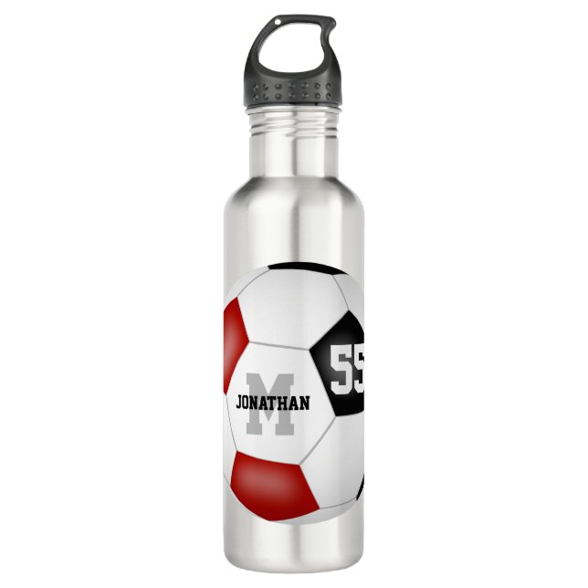 black red soccer ball boy girl name jersey number stainless steel water bottle (Front)