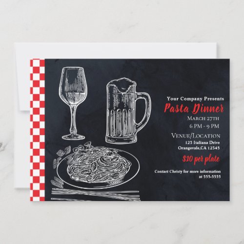 Black Red Spaghetti Pasta Chalk Dinner Party Event Invitation