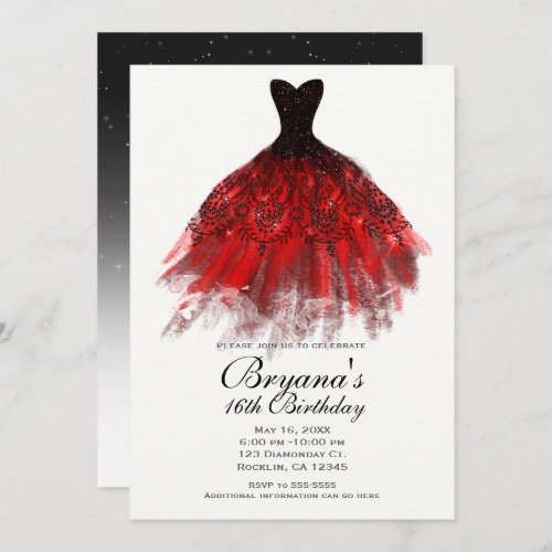 Black Red Sparkle Elegant Dress Birthday Party Invitation