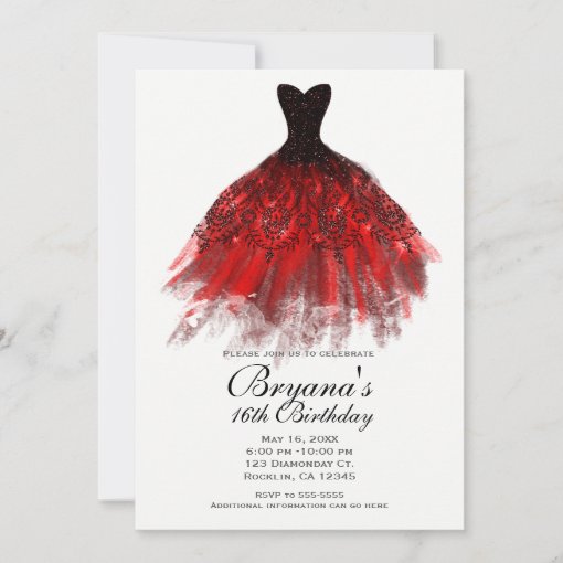 Black Red Sparkle Elegant Dress Birthday Party Invitation Zazzle