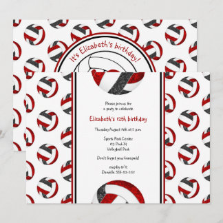 black red sporty girls volleyball birthday party invitation