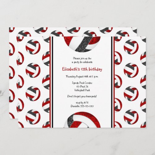 black red sporty girls volleyball birthday party invitation