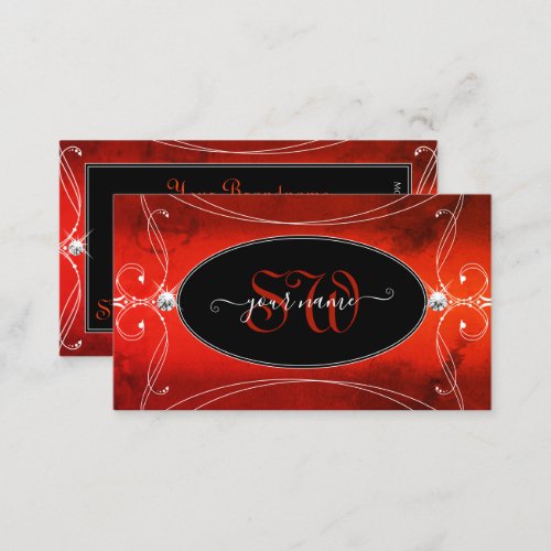 Black Red Squiggled Ornate Sparkle Jewels Monogram Business Card