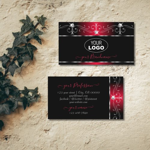 Black Red Squiggles Sparkle Jewels Add Logo Ornate Business Card