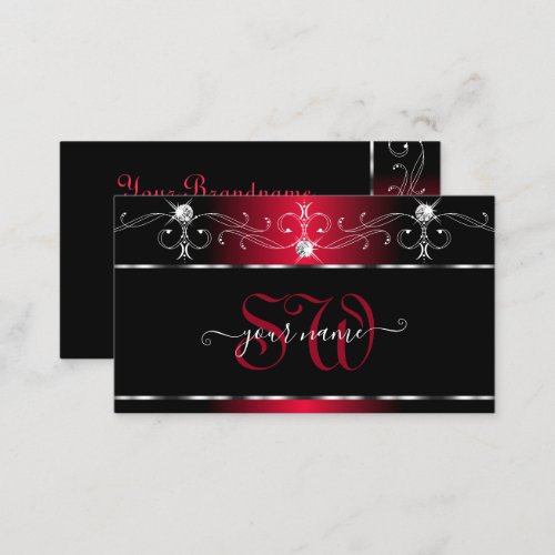 Black Red Squiggles Sparkle Jewels Initials Ornate Business Card