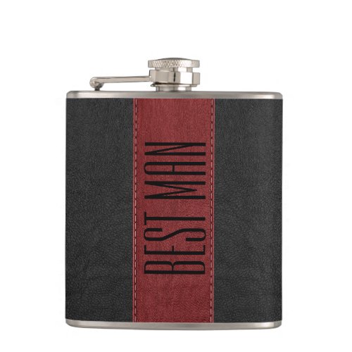 Black  Red Stitched Faux Leather Best Man Hip Flask