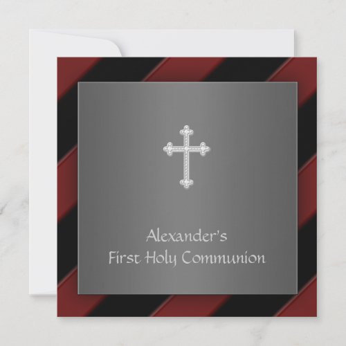 Black Red Stripe Boy First Communion Invitation