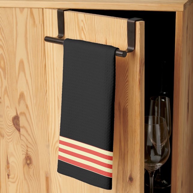 Black + Red Stripe Trim Kitchen  Dish Towel  (Thirds Fold)
