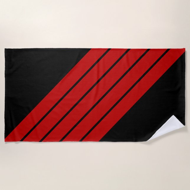 Black Red Striped 70s 80s Retro Racing Stripes Beach Towel (Front)