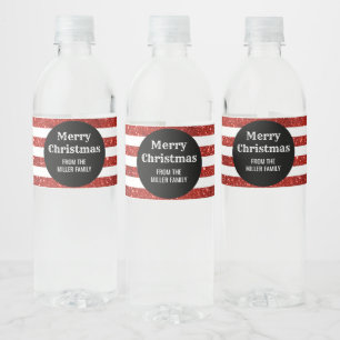 Black Red Stripes Custom Merry Christmas Water Bottle Label