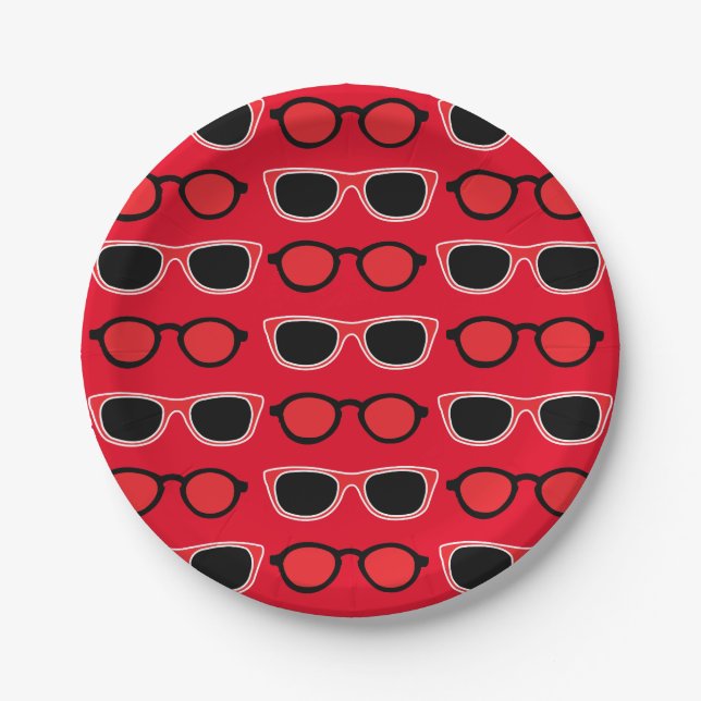 Black Red Sunglasses Summer Birthday Paper Plates (Front)