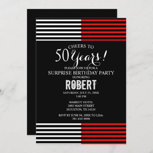 Black  Red Surprise Birthday Party Invitation