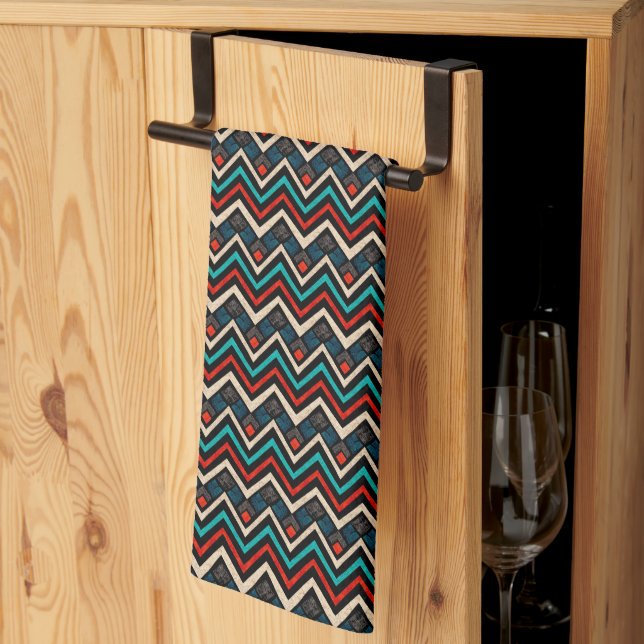 Black Red Teal Beige Aztec Pattern Kitchen Towel (Thirds Fold)