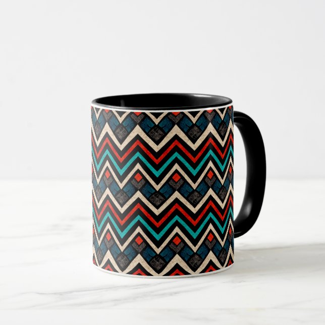 Black Red Teal Beige Aztec Pattern Mug (Front Right)