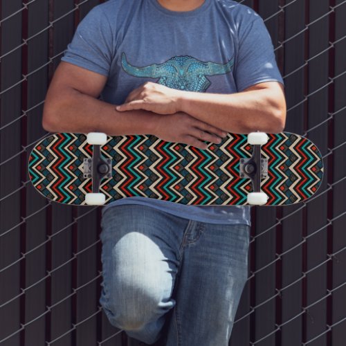 Black Red Teal Beige Aztec Pattern Skateboard