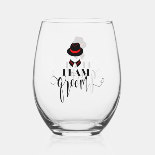 Black red Team Groom Elegant Typography Stemless Wine Glass