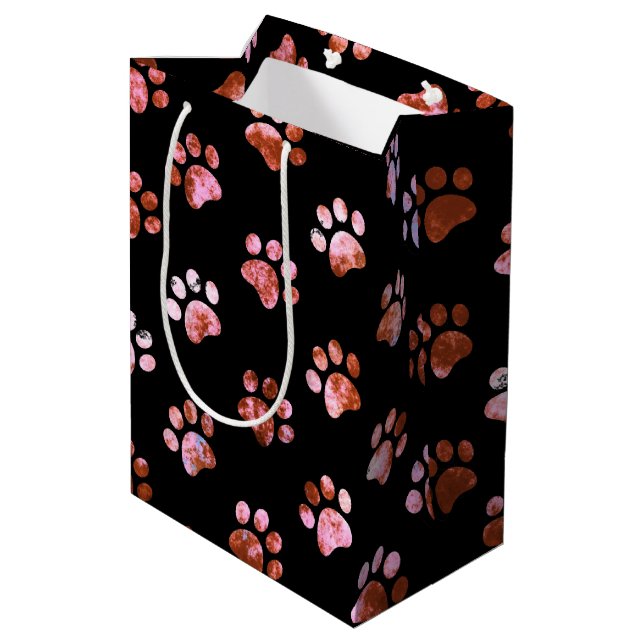 Black Red Textured Paw Print Pattern Medium Gift Bag (Back Angled)
