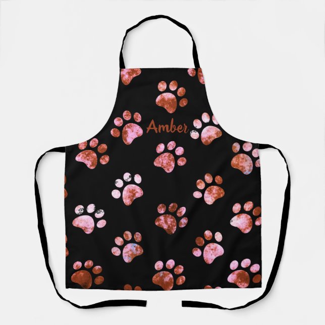 Black Red Textured Paw Prints Pattern Personalized Apron (Front)