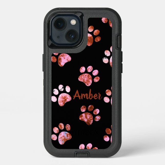 Black Red Textured Paw Prints Pattern Personalized Otterbox iPhone Case (Back)