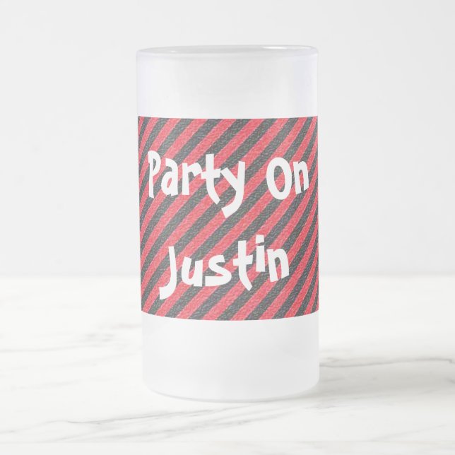Black Red Thin Diagonal Stripes Frosted Glass Beer Mug (Center)