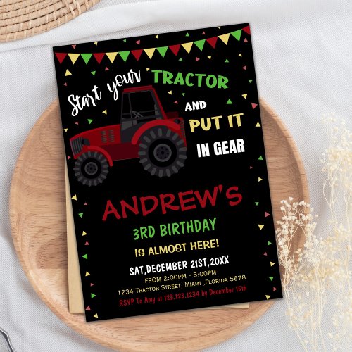 Black Red Tractor Birthday Invitations