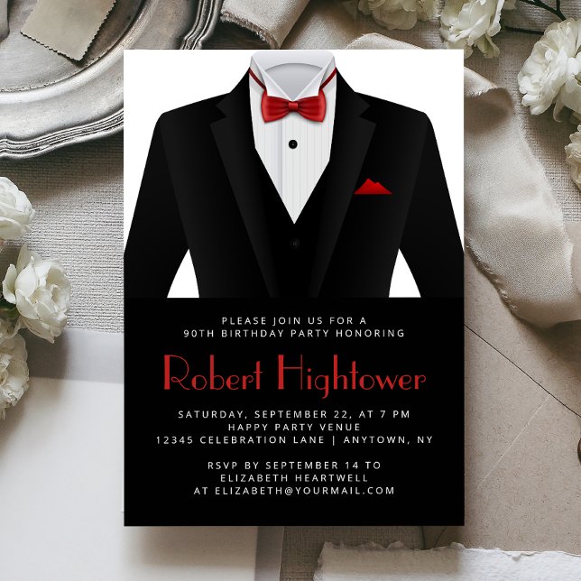 Black Red Tuxedo Mens Birthday Party Invitation (Creator Uploaded)