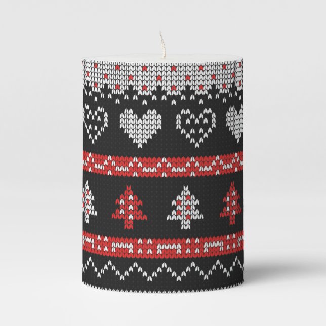 Black & Red ugly Christmas Sweater Pillar Candle (Front)
