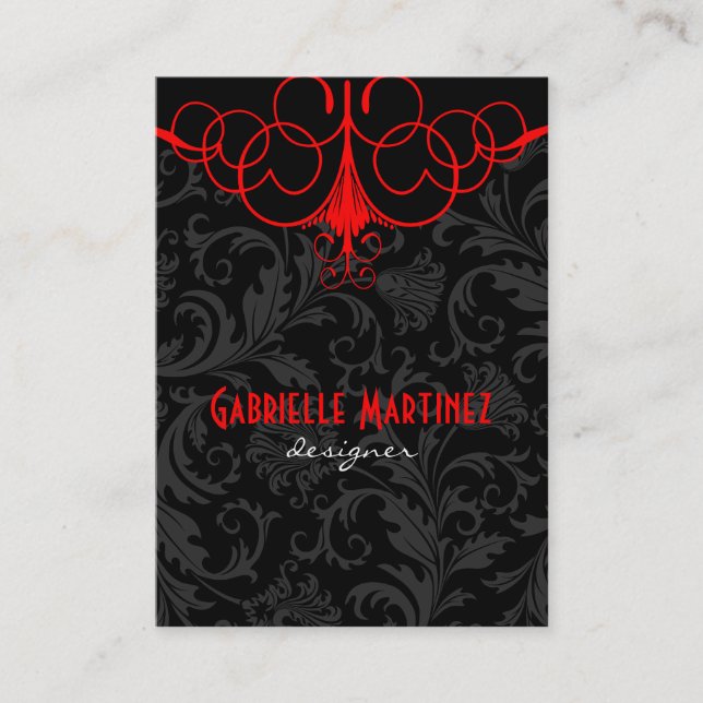 Black & Red Vintage Damasks Business Card Template (Front)