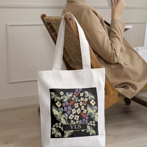 Black  Red Vintage Wildflower Butterfly Monogram Tote Bag