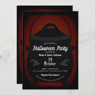 Black Red Vintage Witch Cauldron Halloween Party Invitation