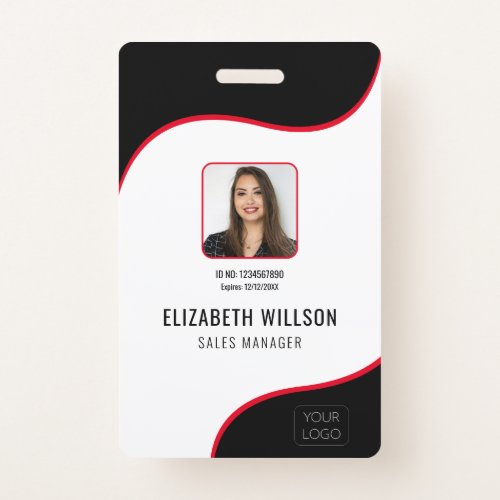 Black Red Wave Business Logo Photo Employee Name Badge