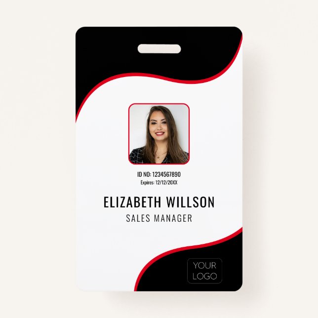 Black Red Wave Business Logo Photo Employee Name Badge (Front)