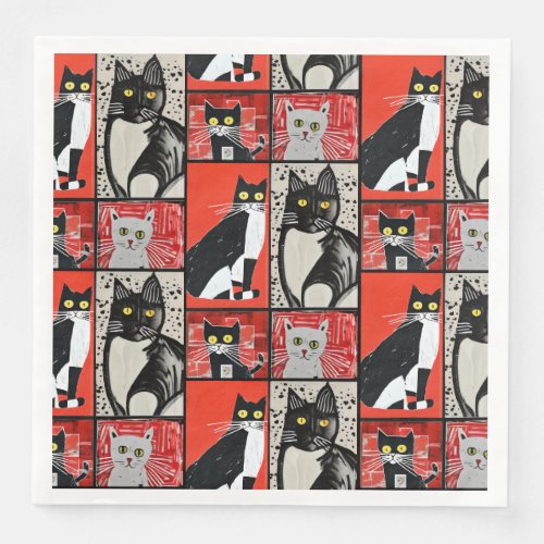 Black Red White Abstract Art Cats Decoupage Napkin