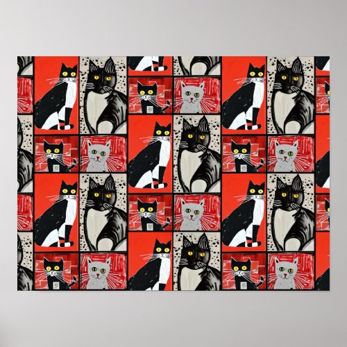 Black Red White Abstract Art Cats Poster Decoupage