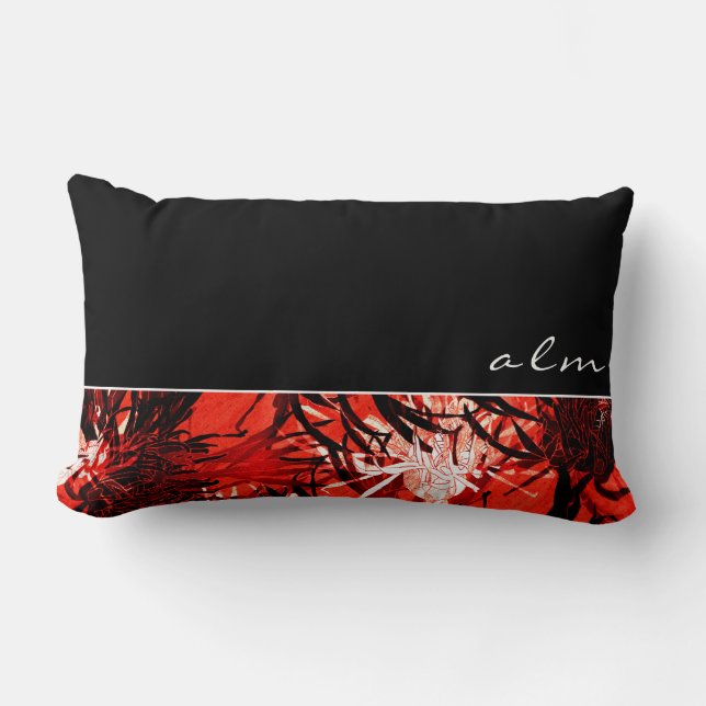 Black Red & White Abstract Floral | Monogram Lumbar Pillow (Front)