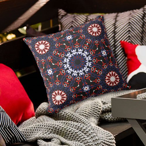 Black Red White Blue Ethnic Boho Mosaic Pattern Outdoor Pillow