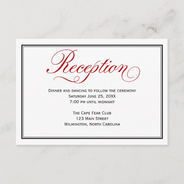 Black Red White Calligraphy Wedding Reception Card (Front)