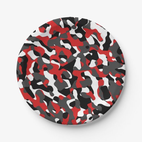 Black Red White Camouflage Print Pattern Paper Plates