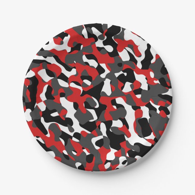 Black Red White Camouflage Print Pattern Paper Plates (Front)