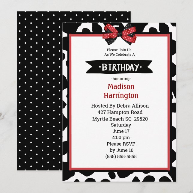 Black Red White Cow Print  Birthday Invitation (Front/Back)