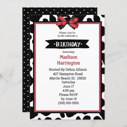 Black Red White Cow Print  Birthday Invitation