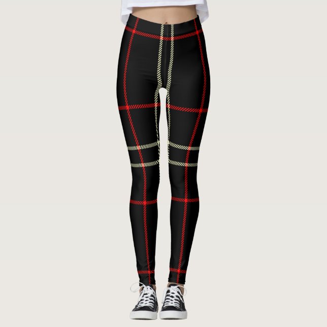 Black, Red, White Cream Colors Twill Tartan; Plaid Leggings (Front)