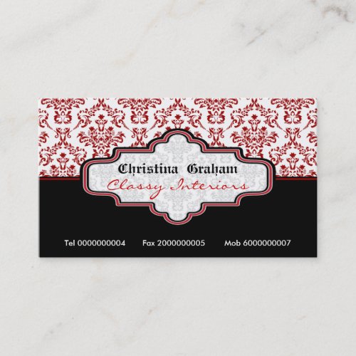 Black red white damask interiors business card