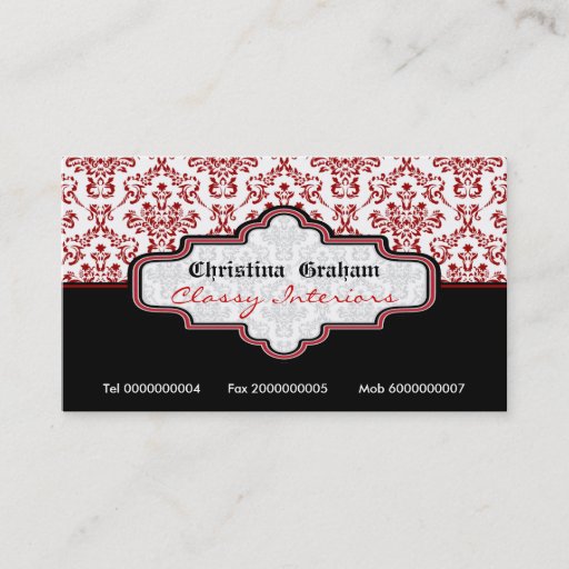 Customizable Black red white damask interiors business card