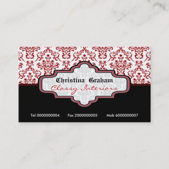 Black red white damask interiors business card (Front)