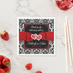 Black, Red, White Damask Love Hearts Wedding Napkins
